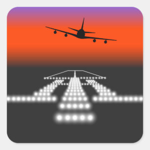 Sunset Aeroplane Approach Runway Lights Aviation Square Sticker