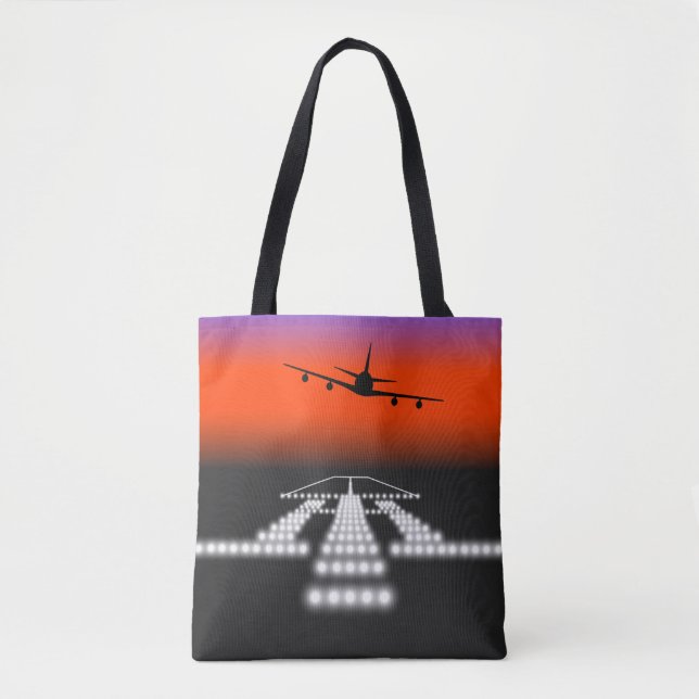 Sunset Aeroplane Approach Runway Lights Aviation  Tote Bag (Front)