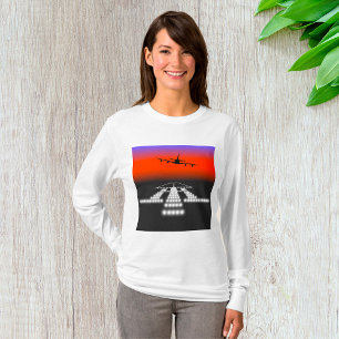 Sunset Airplane Approach Runway Lights Aviation T-Shirt