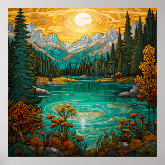 Sunset Alpine Lake Beauty With Forest Mountain  Poster
