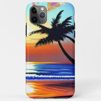 Sunset and Palm Trees Silhouettes Ocean Waves