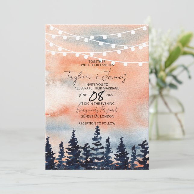 Sunset and Pine Forest Wedding Invitation (Standing Front)
