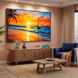 Sunset and sailboats painting canvas print