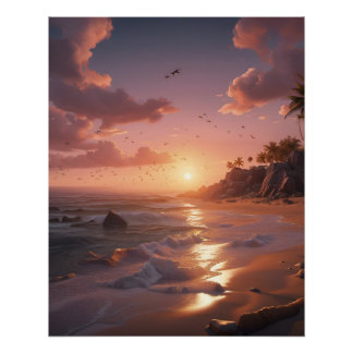 sunset at a tropical beach poster