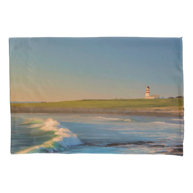 Sunset at Bay lighthouse with ocean waves evening Pillowcase (Front)