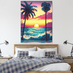 Sunset at beach with Palm trees Painting Canvas Print
