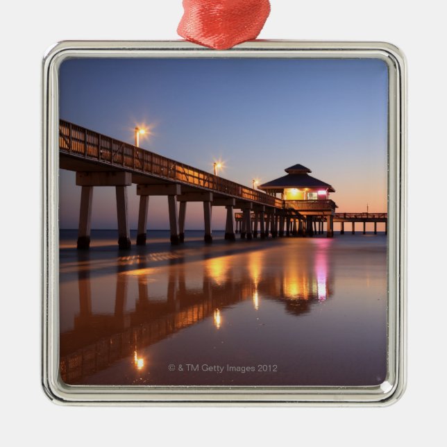 Sunset at Fishing Pier, Fort Myers Beach, Metal Tree Decoration (Front)