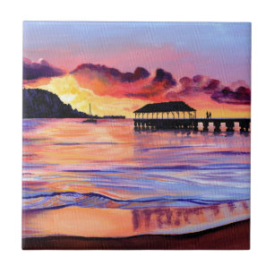 Sunset at Hanalei Pier Ceramic Tile