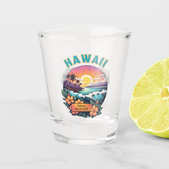 Sunset at Hawaii Beach Mountains Tropical Plumeria Shot Glass (Front)