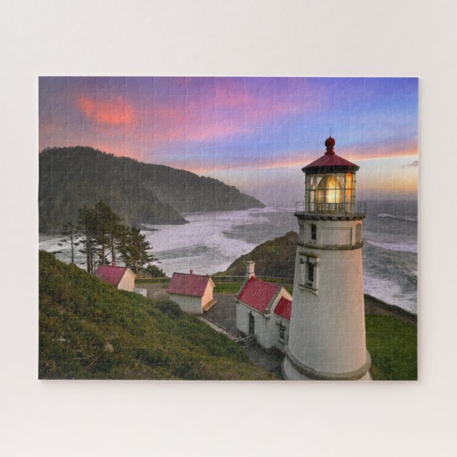 Sunset at Heceta Head Lighthouse on Oregon Coast Jigsaw Puzzle (Horizontal)