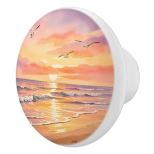 Sunset at the beach with birds ceramic knob