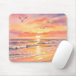 Sunset at the beach with birds mouse pad