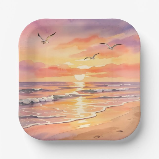 Sunset at the beach with birds paper plate (Front)
