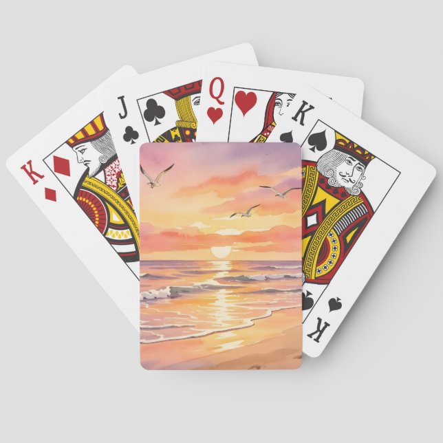 Sunset at the beach with birds playing cards (Back)
