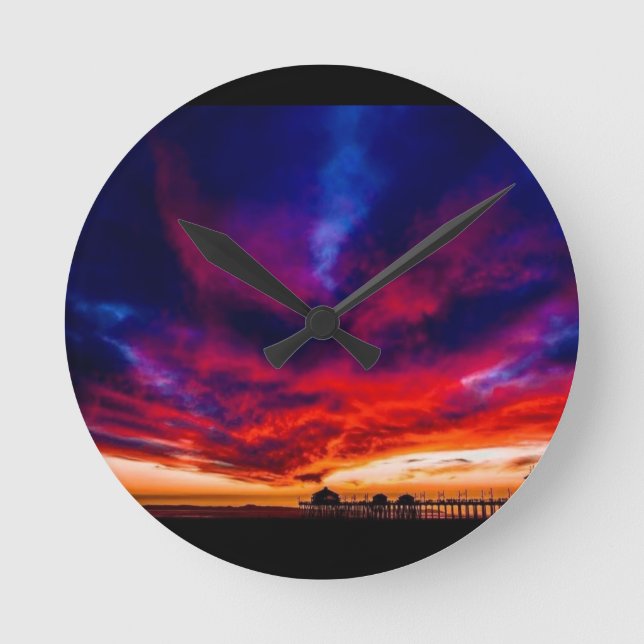 Sunset at the Pier, Huntington Beach, CA Round Clock (Front)