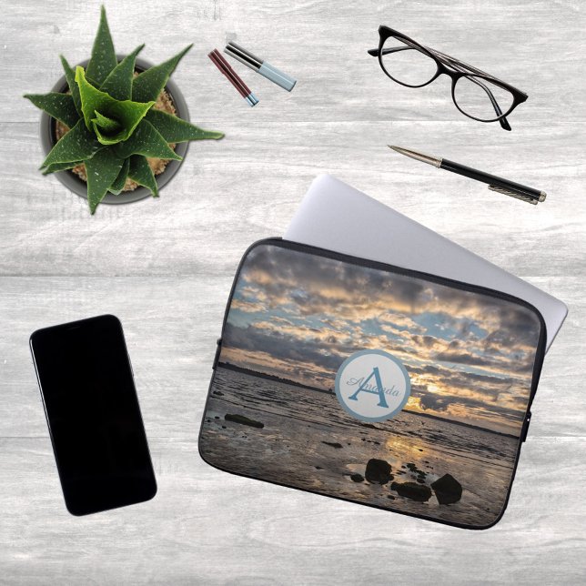 Sunset at the sea photo with monogram and name laptop sleeve (Creator Uploaded)