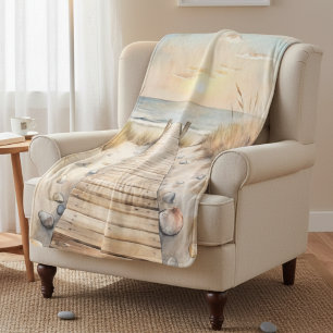 Sunset Beach Boardwalk Watercolor Sherpa Blanket