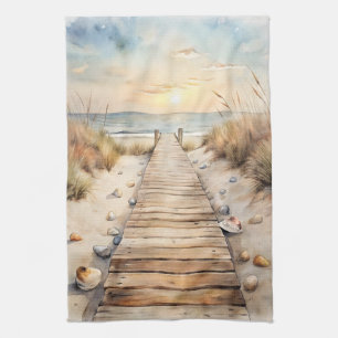 Sunset Beach Boardwalk Watercolor Tea Towel