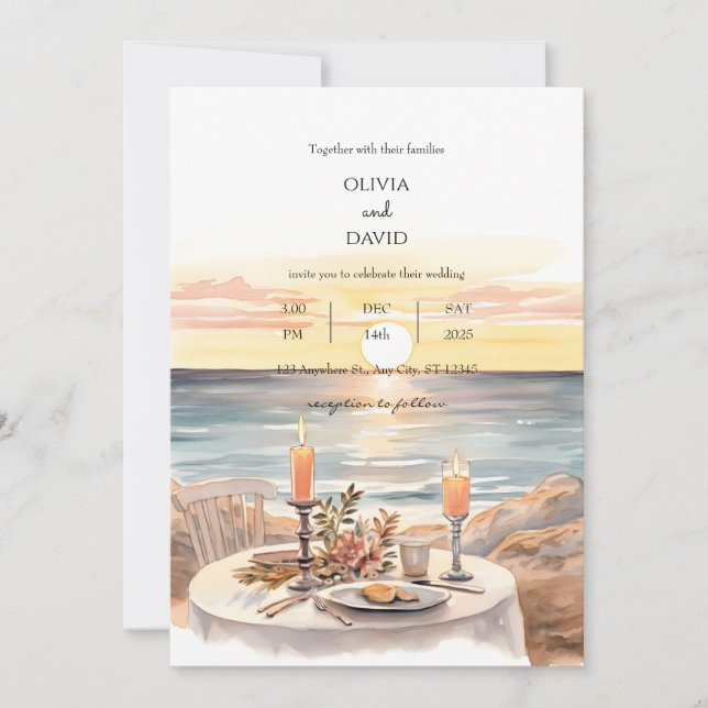  Sunset Beach Candlelight Dinner Scenery Wedding Invitation (Front)