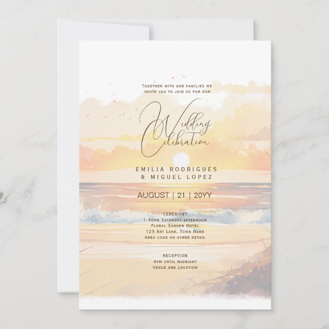 Sunset Beach Destination Coastal Wedding Invitation (Front)