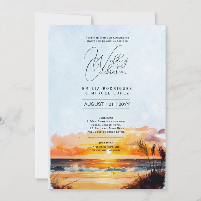 Sunset Beach Destination Coastal Wedding Invitation (Front)