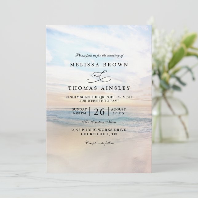 Sunset Beach Elegant Modern QR Code Wedding Invitation (Standing Front)
