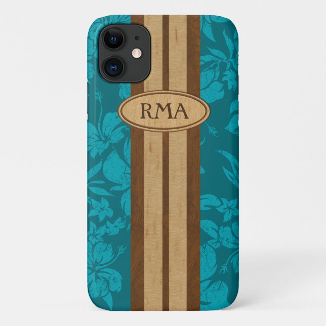 Sunset Beach Faux Wood Surfboard Hawaiian Monogram Case-Mate iPhone Case (Back)
