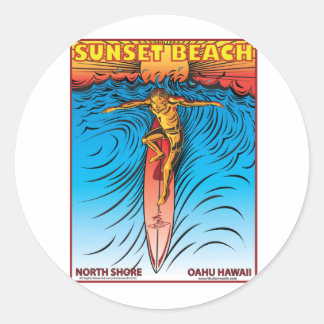 SUNSET BEACH HAWAII SURFING CLASSIC ROUND STICKER