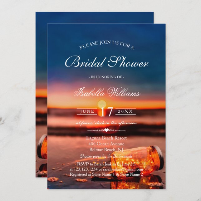 Sunset Beach Mason Jar Blue Night Bridal Shower Invitation (Front/Back)