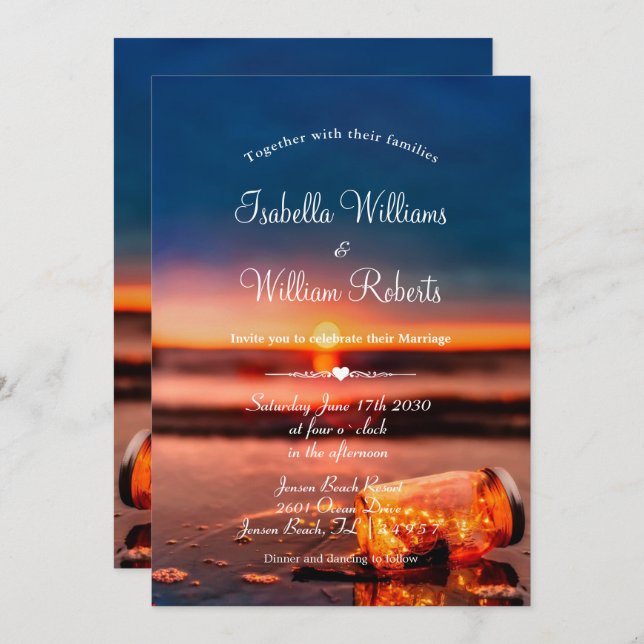 Sunset Beach Mason Jar Blue Night Wedding Invitation (Front/Back)