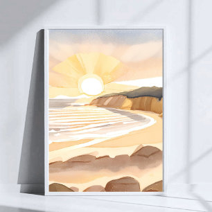 Sunset Beach Ocean Watercolor Coastal Poster