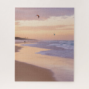 Sunset Beach, Ocean Waves, People Flying Kites Jigsaw Puzzle