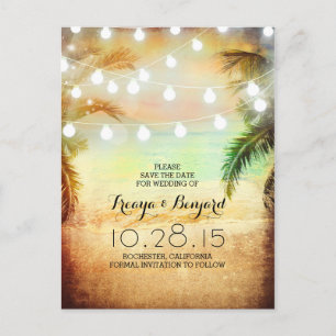 sunset beach & palm string lights save the date announcement postcard