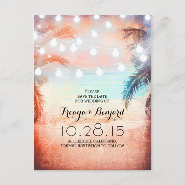 sunset beach & palm string lights save the date announcement postcard (Front)