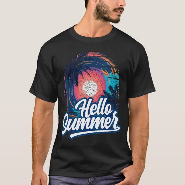 Sunset Beach Palm Tree  Hello Summer Vacation Holi T-Shirt (Front)