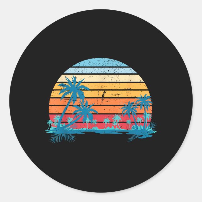 Sunset Beach Palms Summer Vibes Retro Tropical Classic Round Sticker (Front)