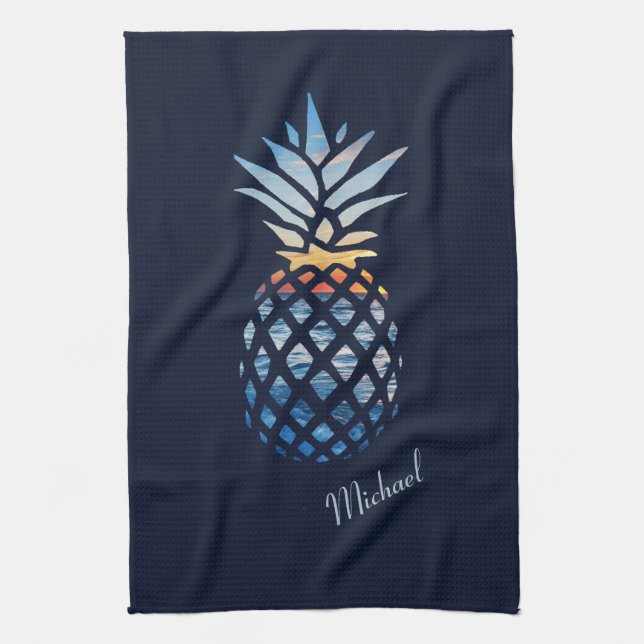 Sunset Beach Pineapple Custom Housewarming Host Tea Towel (Vertical)
