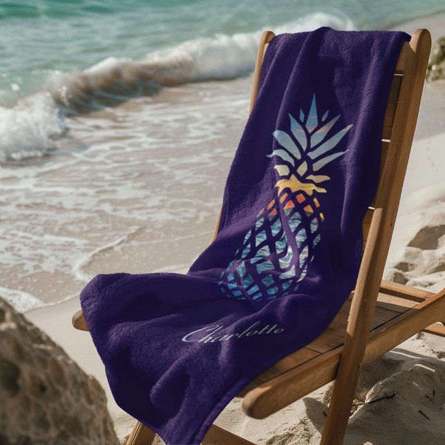 Sunset Beach Pineapple Custom Vacation Towel (Purple Bluish Pineapple Vacation Beach Towel)