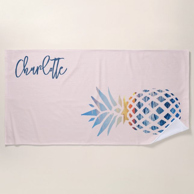 Sunset Beach Pineapple Family Vacation Blush Pink Towel (Front)
