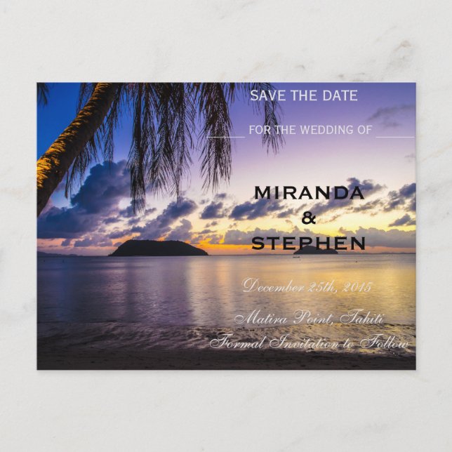 Sunset beach save the date announcement postcard (Front)