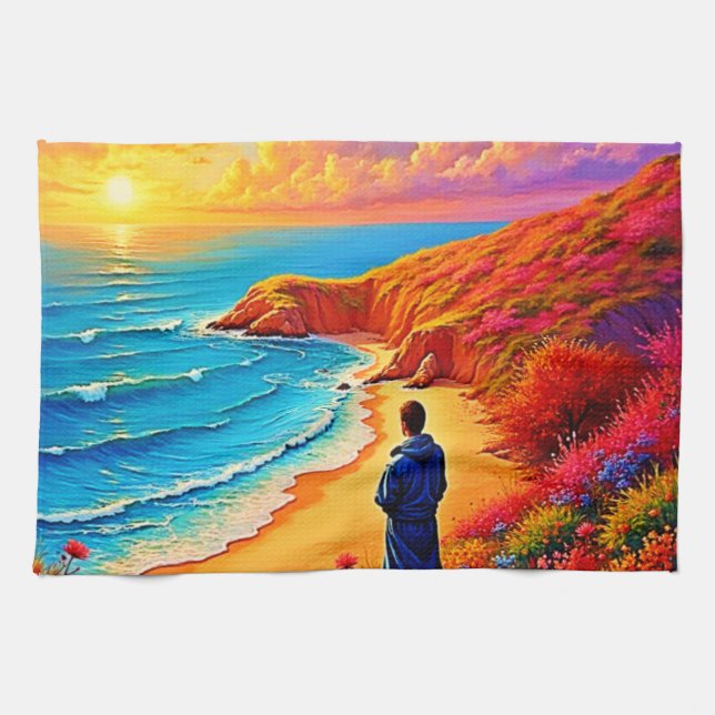 Sunset Beach Solitude Serenity Design Tea Towel (Horizontal)