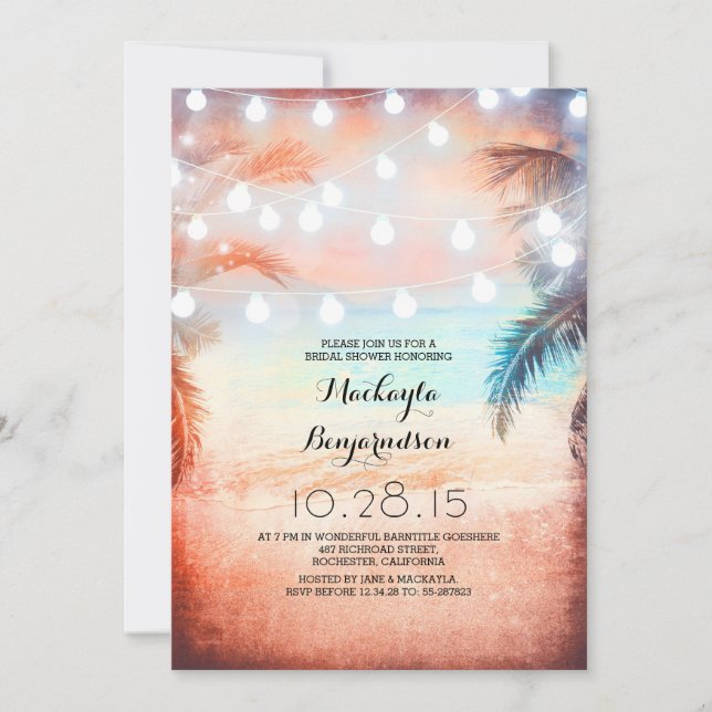 Sunset Beach & String Lights Bridal Shower Invitation (Front)
