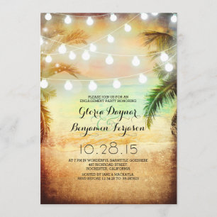 Sunset Beach & String Lights Engagement Party Invitation