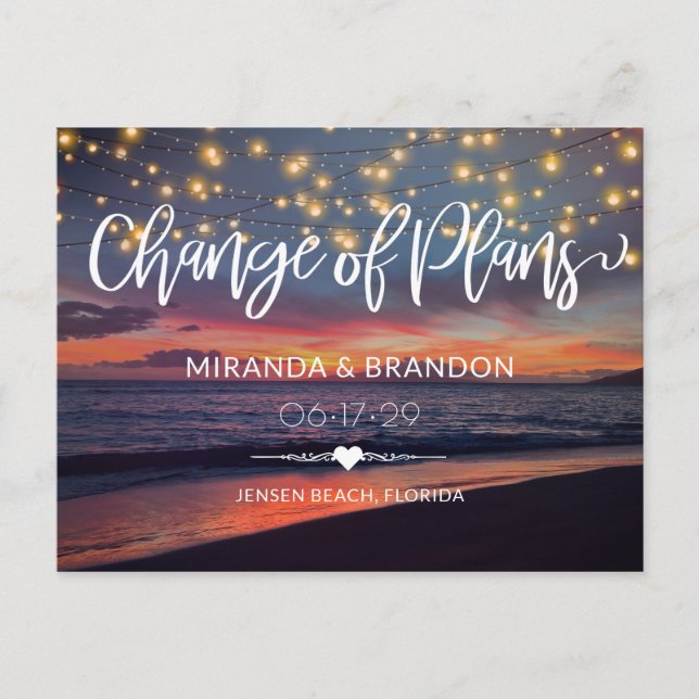 Sunset Beach String Lights Summer Change of Plans Postcard (Front)