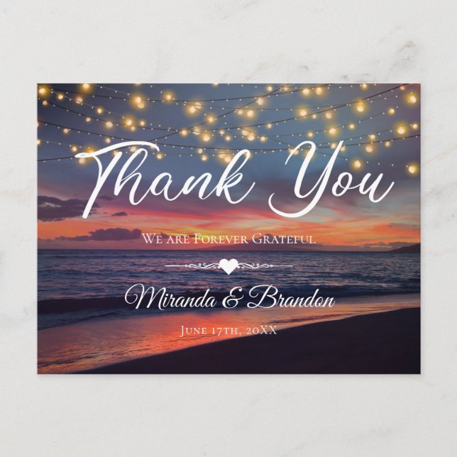 Sunset Beach String Lights Summer Thank You Postcard (Front)