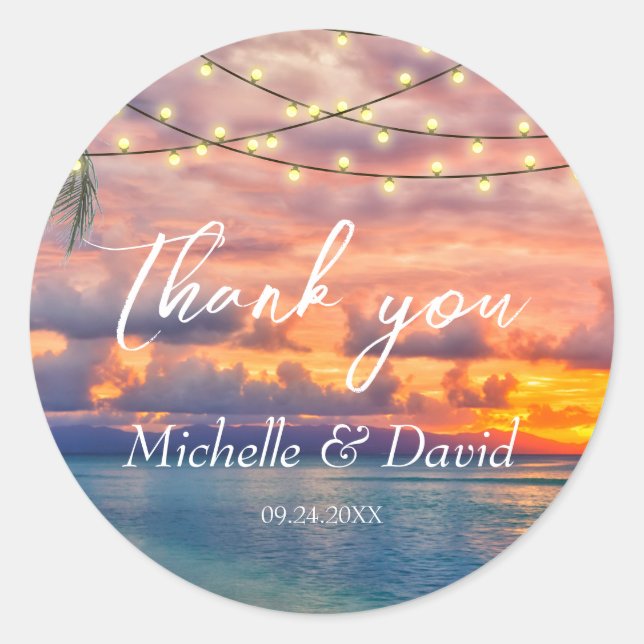 Sunset Beach String Lights Wedding  Classic Round Sticker (Front)
