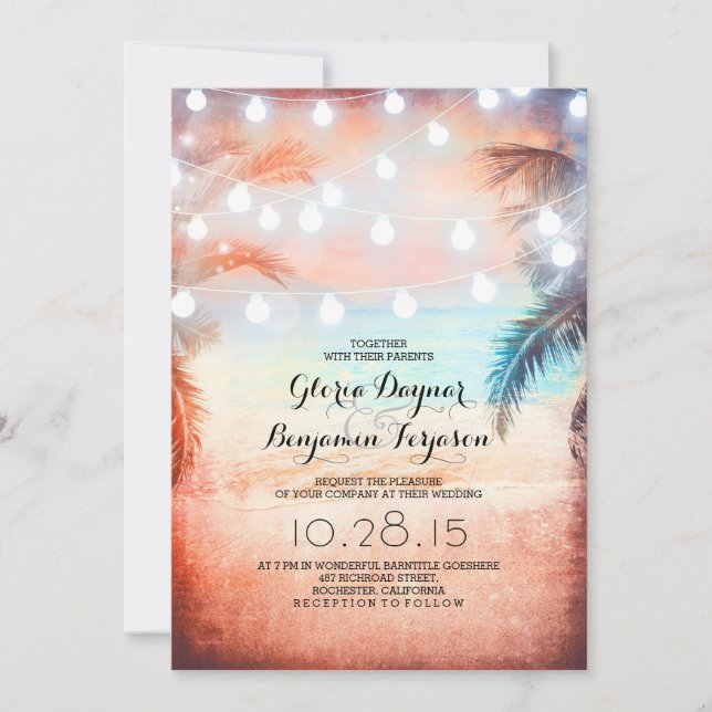Sunset Beach & String Lights Wedding Invitation (Front)