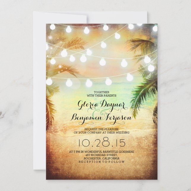 Sunset Beach & String Lights Wedding Invitation (Front)