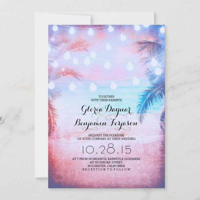 Sunset Beach & String Lights Wedding Invitation (Front)