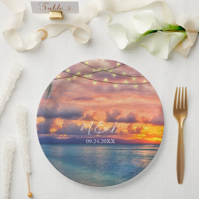 Sunset Beach String Lights Wedding Paper Plate (Wedding)